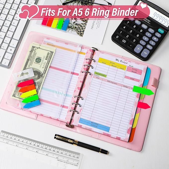 Toplive 7 Pack A5 Planner Inserts Monthly Weekly Planner Refills Paper 6 Ring Expense Budget Sheets with Cash Envelopes Divider Ruler Stickers, for A5 Planner Binder Cover, Pink Heart