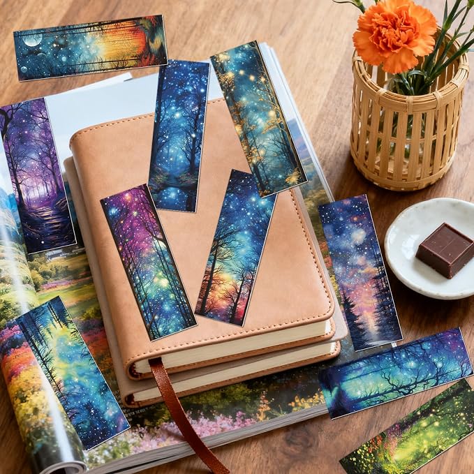Wxiben Fantasy Forest Transparent Bookmark - 10 Pcs Starry Night Sky Transparent PVC Bookmark Moon Space Book Mark Page Clips Gifts for Women Men Book Lovers Teacher Bookish Reading Accessories