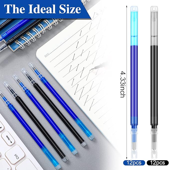Zonon 24 Pcs Erasable Pen Refills 0.7 mm Gel Ink Refills Medium Fine Point Erasable Pens Lead for Writing Planner and Crossword Puzzles(Black, Blue)