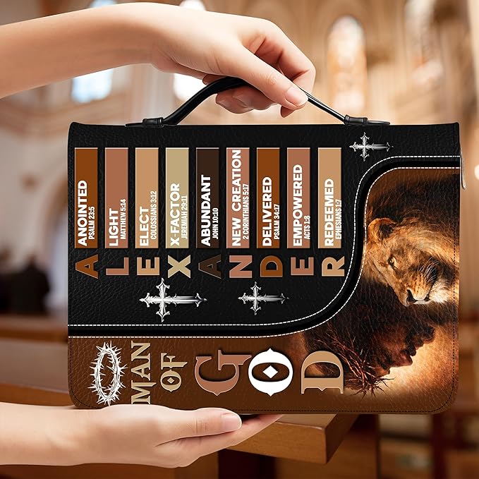 Custom Leather Bible Cover with Name – Personalized Bible Case for Women Zippered with Handle, Bookmark & Storage Pockets, Christian Gift for Mom, Daughter, Grandma (Man - God Says You are, M-2XL)