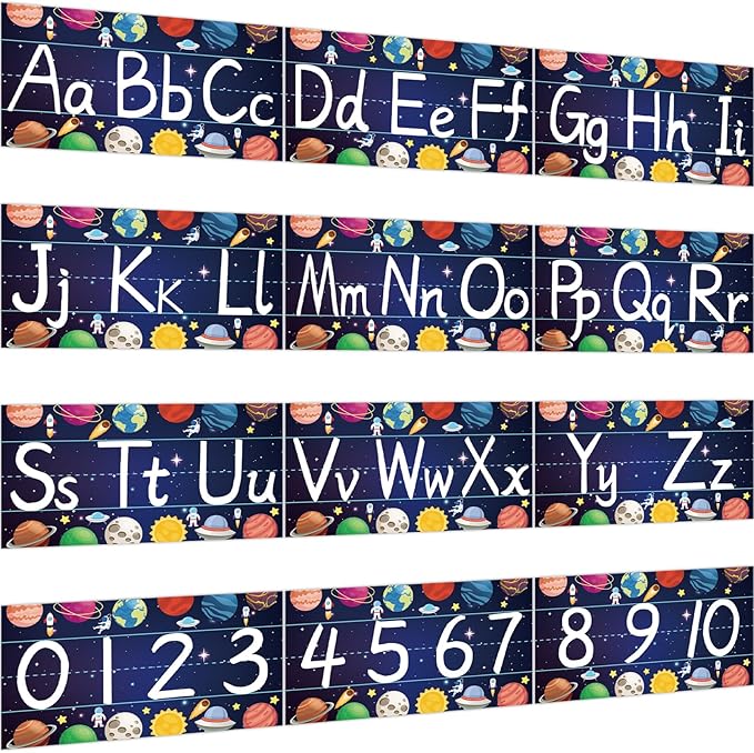 gisgfim 12 Pieces Alphabet Bulletin Board Strips Set Outer Space Alphabet Line ABC Alphabet Banner & Number Border Space Posters for Preschool Kindergarten Classroom Bedroom Playroom (Outer Space)