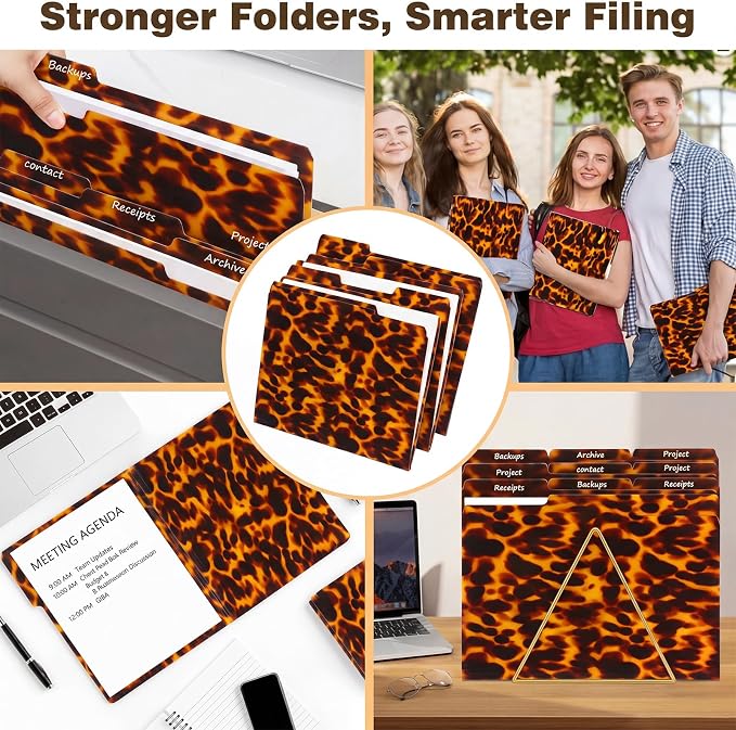 Qeeenar 12 Pcs Tortoiseshell Pattern File Folders 1/3-cut Organizer Thick File Folders, Letter Size (11.8 x 9.4inch), 4 Left/4 Middle/4 Right Tabs for Office & School Organization