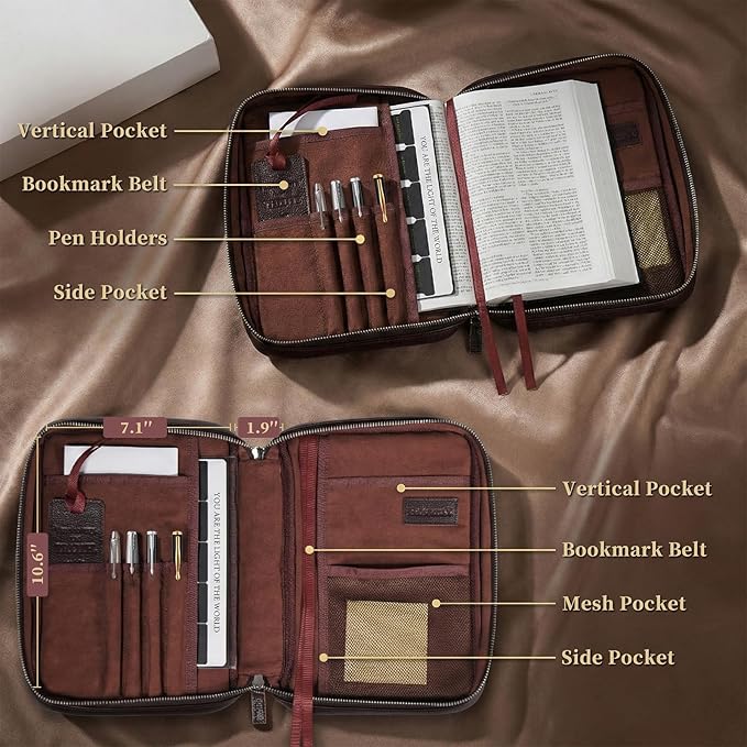 Full Grain Leather Bible Cover Case for Men, Mens Bible Covers Cases Leather Bible Protective Book Holder Carrying Case for Men with Handle Zippered Pocket
