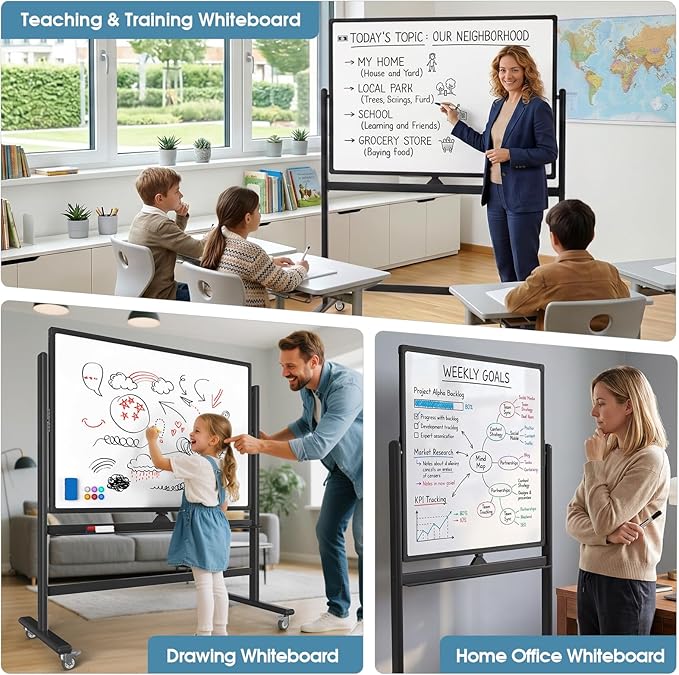 MaxGear 48x32 Mobile Whiteboard on Wheels, Heavy-Duty Aluminum Frame & Reinforced Packaging, Double Sided Magnetic Dry Erase Board with Stand, Height Adjustable Rolling Whiteboard for Office, Black