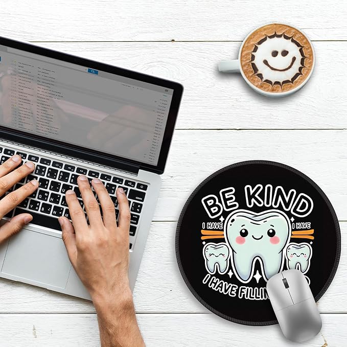 Gctriki Dental Tooth Round Mouse Pad with Stitched Edge Non-Slip Rubber Base, Black Mouse Pad for Gaming Laptop Computer, Cute Home Office Desk Accessories Decor, Be Kind I Have Fillings Too