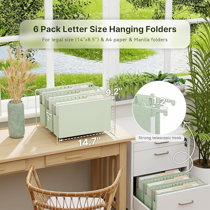 XINGIA Extra Capacity Legal Size File Folders Hanging with Tabs, 3'' Expanding Plastic Hanging File Folders for Filing Cabinet, 6 Pack Wheat Straw Hang Folders for Bulky Files,Hanging File Organizer