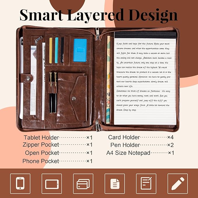 Calfinder Personalized Portfolio for Women&Men, Free Name Engrave,Customized Leather Padfolio, Business Portfolio with with Handle for Ipad, Unique Gift for Graduation