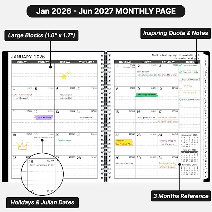 2026-2027 Monthly Planner, 18 Monthly Calendar Planner, January 2026 - June 2027, 8’’ x 10’’, 2026 Spiral Agenda with Tabs ＆Pocket, Flexible Cover, Organizer Notebook for Office Home School, Black