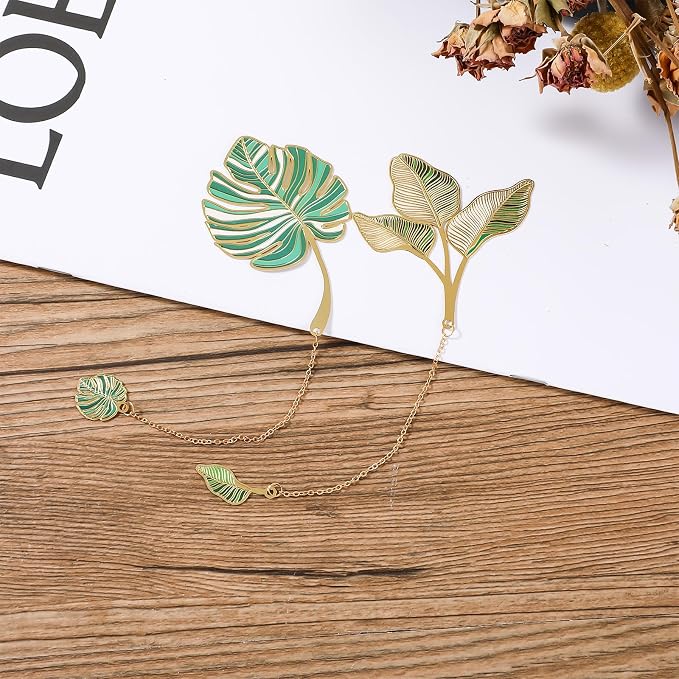 4pcs Metal Bookmarks with Chain Lotus Leaf Bookmark Birthday Gifts Teacher Christmas Gifts Unique Plant Gifts Literary Accessory Appreciation Stuffers for Women Grils Readers Writers Book Lovers