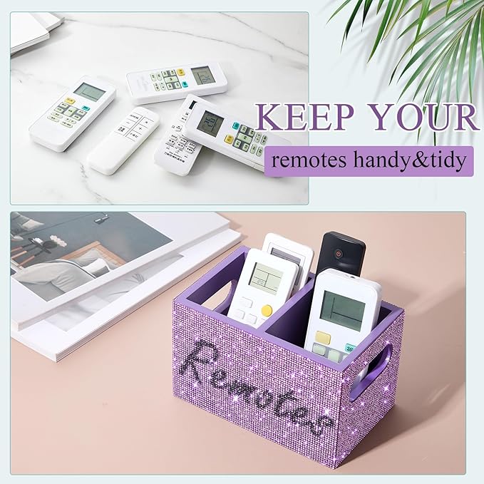 MotiMind Bling Rhinestone Remote Control Holder Crushed Diamond 2 Compartment Decorative TV Remote Caddy Organizer Storage Box Table Nightstand with and Label, Sparkly Gifts for Christmas (Purple)