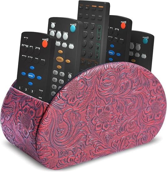 Remote Control Holder, PU Leather Remote Caddy Desktop Organizer with 5 Spacious Compartments for TV Remotes/Media Controllers/Office Supplies (1-Carved3 Red
