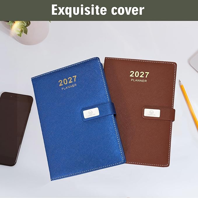 2027 Daily Planner – One Page Per Day, 12-Month Calendar (Jan–Dec 2027), Hourly Appointment Book, 5.7" x 8.26" Leather Cover, Thick Paper – Hourly, Daily & Monthly Organizer (Blue)
