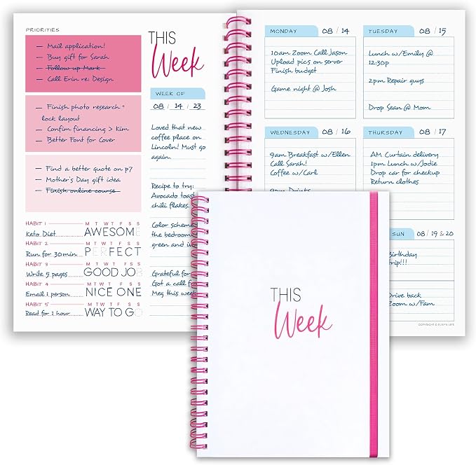 Weekly Planner Spiral Bound Notebook A5 - Undated Planner - To Do List Notebook - Habit Tracker - 52 Weeks - Daily Planner Undated for Home Work Office Business - Goal Planner - Cute Planner - Pink