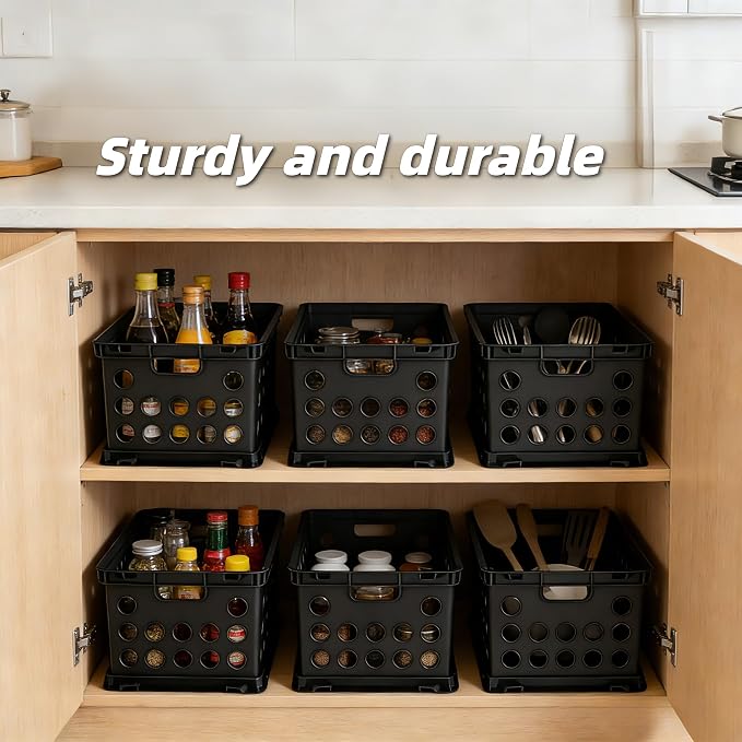 6-Pack File Crate, Storage Crates, Plastic Storage Bins for Letter & Files, Stackable Organizer Box with Handles, Black File Organizer for Home Office & Garage, 17.25" L x 14.25" W