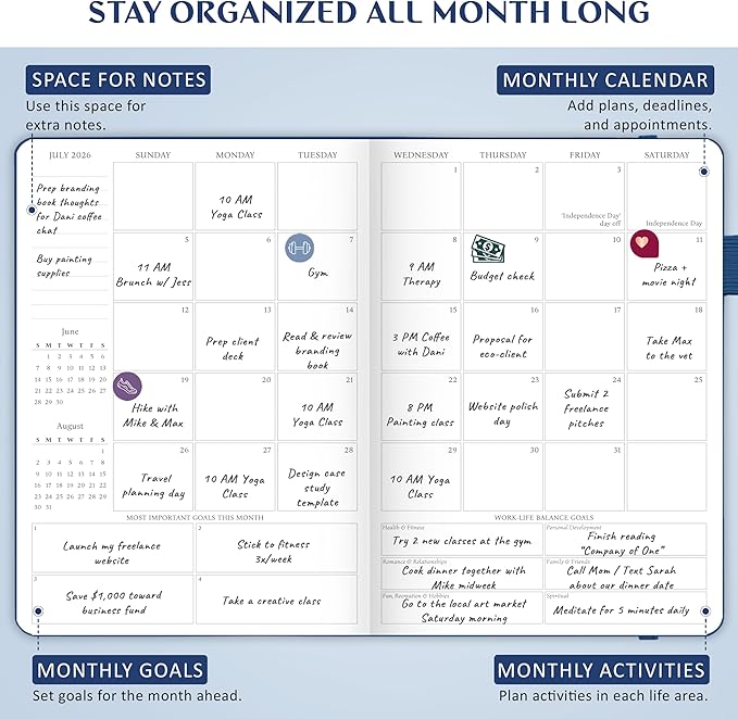 Legend Dated Hourly Weekly Planner 2026 – Daily, Monthly & Yearly Agenda with Time Slots – Hardcover Organizer Journal, 5.8x8.3” (Mystic Blue)