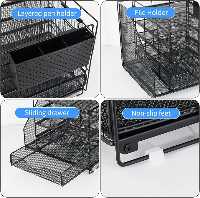 Desk Organizer with Drawer and Pen Holder, 5-Tier Paper Letter Tray Organizer with File Holder, Suitable for Workspace Organizer Office Supplies Storage (Black)