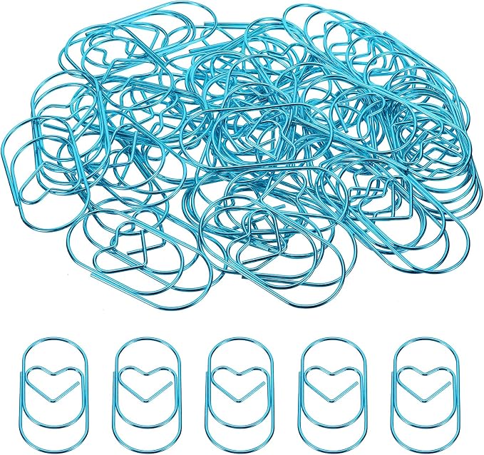 MECCANIXITY Paper Clip Heart-Shaped Cute Decorative Fun Clips Bookmarks 2 Inch Blue for Organize Office Home, Pack of 50