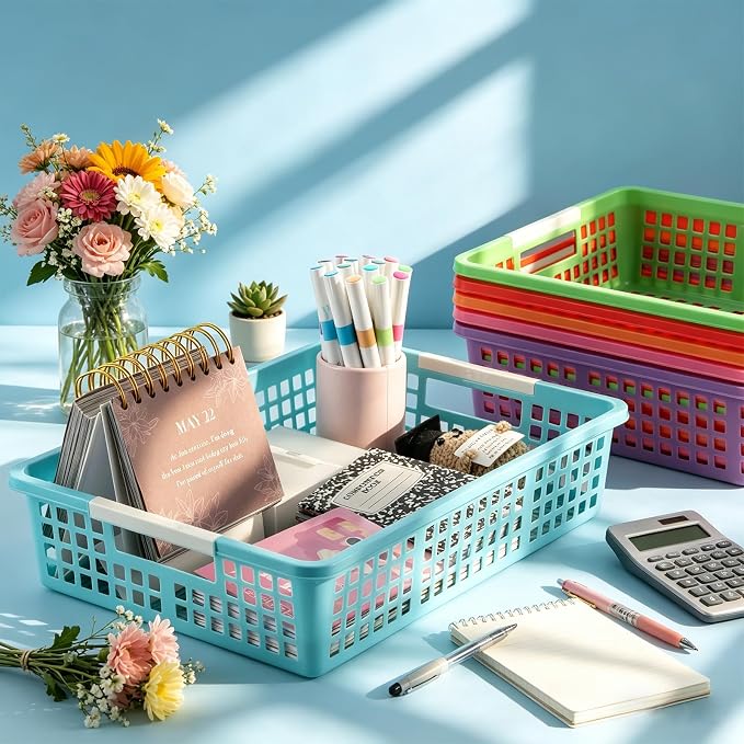 6 PCS Plastic Classroom Turn in Paper Trays Storage Bin Basket Organizers Holds 4A Paper File for School Teacher Supplies Classroom Office Home Organization and Storage Tray (Colorful)