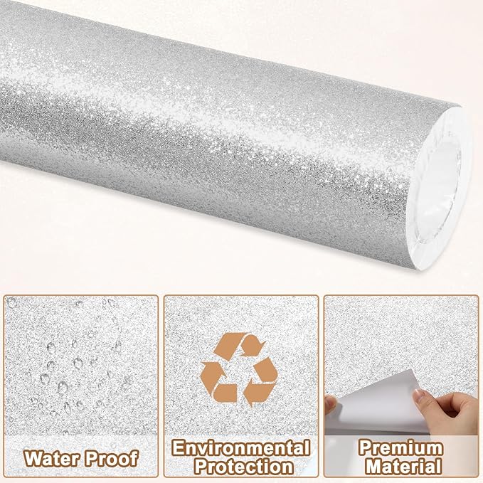 Glitter Bulletin Board Paper Roll Sparkle Wrapping Paper Bulletin Board Decor Glitter Poster Gift Wrapping DIY Art Crafts Wallpaper Background for Home Office Classroom Decor 17" x 20ft, Silver