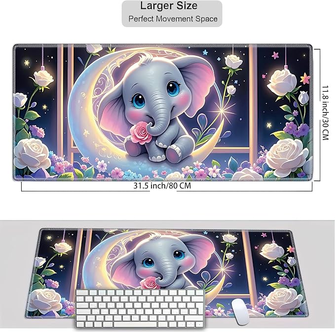 Mouse Pad Gaming Mousepad 31.5x11.8 Inch XXL Large + Coasters,Desk Mat with Stitched Edges, Non-Slip Rubber Base, Thick Mouse Pad for Computer, Laptop, Office & Home - Cute Elephant Moon