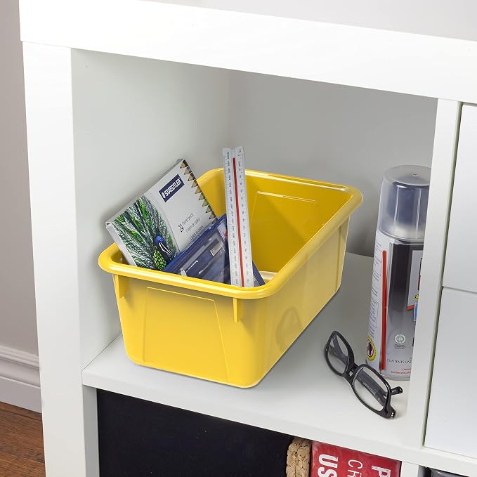 Storex Small Cubby Bins – Plastic Storage Containers for Classroom with Non-Snap Lid, 12.2 x 7.8 x 5.1 inches, Yellow, 5-Pack (62410A05C)