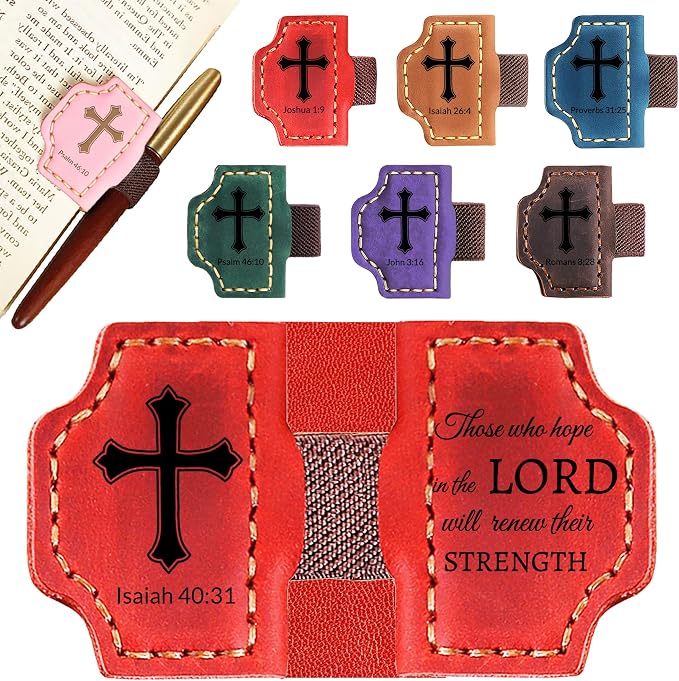 Personalized Leather Bookmark with Pen Holder - Magnetic Bible Verse Design, Christian Book Lovers Reading Accessory, for Book Lovers Men Women (Red, lsaiah 40:31)
