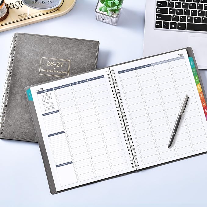 Appointment Book 2026-2027 - Weekly Appointment Planner, Jul 2026 - Jun 2027, Hourly Daily Planner 26-27, 9" x 11", Planners 2026-2027 with 15-Minute Interval, Colorful Tabs, Pocket, Notes, Leather Cover - Grey
