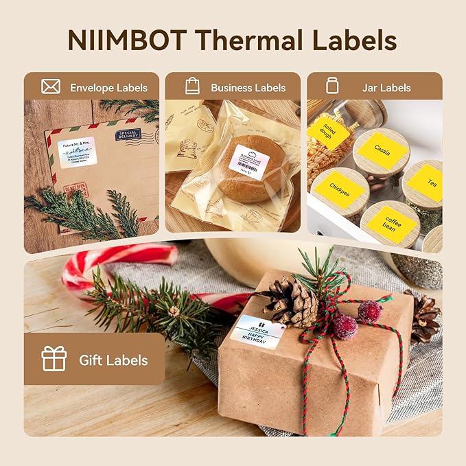 NIIMBOT Thermal Label Tape 3 Rolls, Compatible with B1/B2/B21/B31 Label Maker, Multi-Size Pack (50x50mm, 41x41mm, 50x30mm) for Baking, Cosmetics, Jars, Gifts, Logos & File Organization Stickers