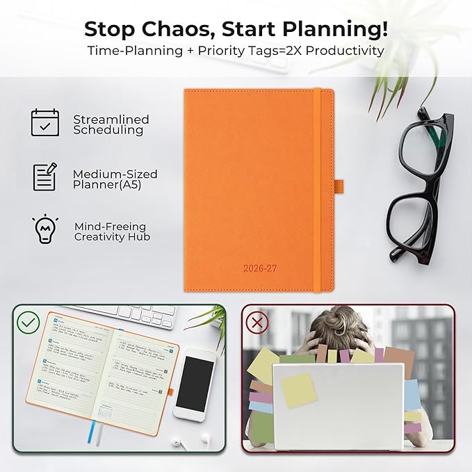 Weekly Monthly 2026-2027 Planner (July 26-Dec 27),8.5"x6.5",18 Months Agenda Plan with Month Tabs & Pocket,Expenses/Note Pages, Academic Calendar with Vegan Leather Cover,Orange