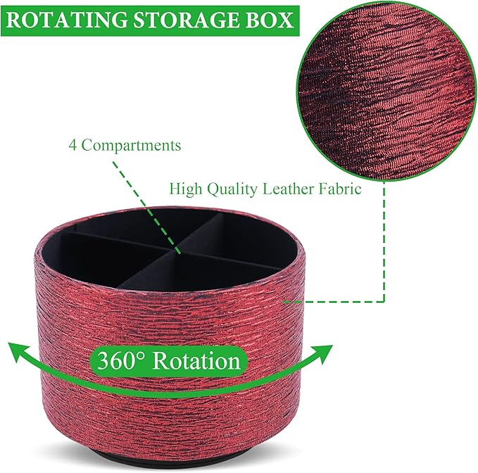 Round Leather Art Supply Organizer,Remote Control Holder,360-degree Rotating Pen Organizer with 4 Compartments(1-Light Tree Red)