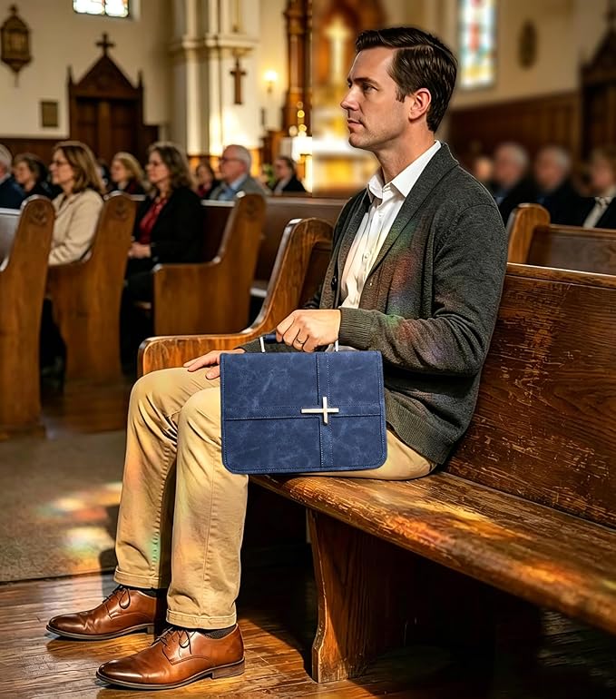 Vegan Leather Bible Cover for Men & Women, Bible Case with Gift Box, Christian Catholic Religious Bible Gifts (Indigo)