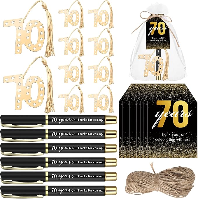Spakon 25 Set 70th Birthday Party Favor for Guest Anniversary Party Favor Golden Birthday Bookmark Thanks Coming Pen with Tag Appreciation Gifts for Women Men Wedding Anniversary