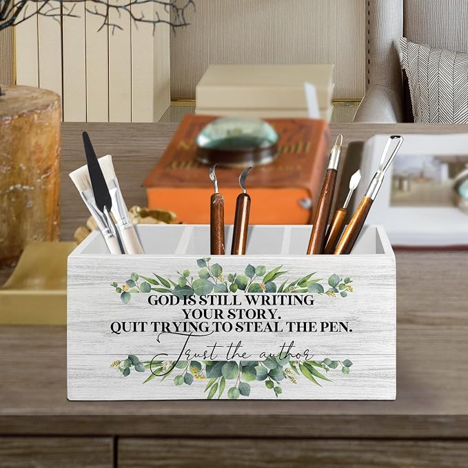 Christian Pen Pencil Holder Organizer for Desk Accessories, Sage Green Eucalyptus Bible Verse Wooden Box Sign Desk Decor for Home Office Decoration, Christian Gifts for Women Men