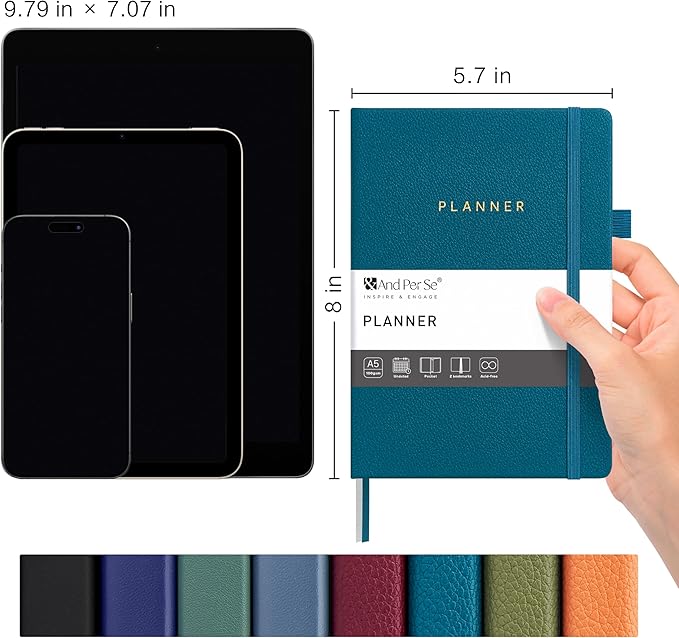 And Per Se Undated Weekly Planner 2026, A5 size Leather Hardcover Planner with Goals & Habit Tracker – ADHD Planner & Productivity Journal (Dark Turquoise)