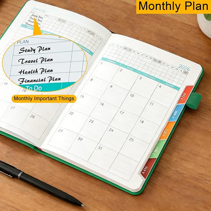 2026 Weekly Monthly Planner A5,Jan-Dec 2026 Hardcover Lay Flat Calendar Notebook, Teacher Office School Academic Organizer Planner 5.7×8.3 Inch,Dark Green