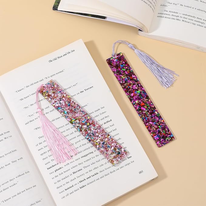 2 Pcs Tassel Bookmarks Girls Resin Glitter Bookmarks for Women Pink Purple Glitter Acrylic Bookmark with Colorful Silk Tassels for Women Girls Book Lovers Reading Presents