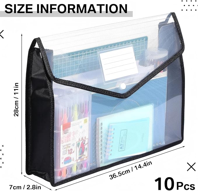10 Pieces Plastic File Folders Envelope Expanding File Wallet Organizer Documents Folder with Snap Closure and Pocket B4 Waterproof Transparent Pouch for School Office(Black, White,Horizontal)