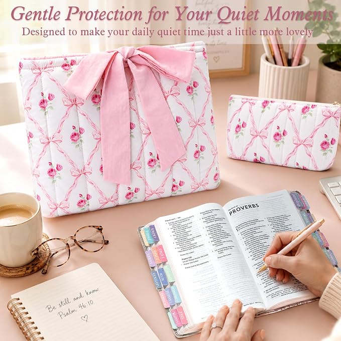 XKDOUS Quilted Cotton Bible Case for Girls and Women, Machine Washable Bible Book Cover with Large Capacity Pen Bag, Soft Cute Bible Carrying Bag with Bow Fits Most Standard Bibles, Sweet Rose