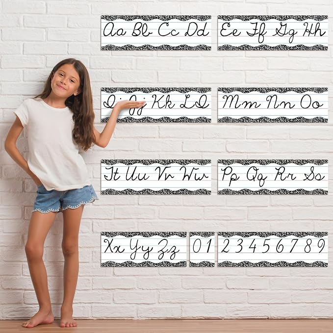 Set of 9 Cursive Writing Bulletin Board Cursive Alphabet Wall Strip for Teacher Supplies, Classroom Teaching Tool, Homeschooling, Kids Education (Composition)