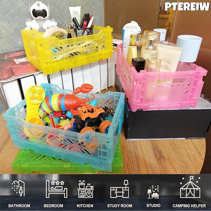 4Pack Pastel Plastic Storage Crates and Baskets, Collapsible Crates for Organizing, 4L Space Saving Bins for Classroom, Kitchen, Office, Bedroom,Desk Organizer. (Mix Colors)