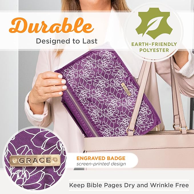 Christian Art Gifts Grace Badge Floral Women's Tri-Fold Organizer Bible Cover Zipper Closure, Purple Canvas, Large