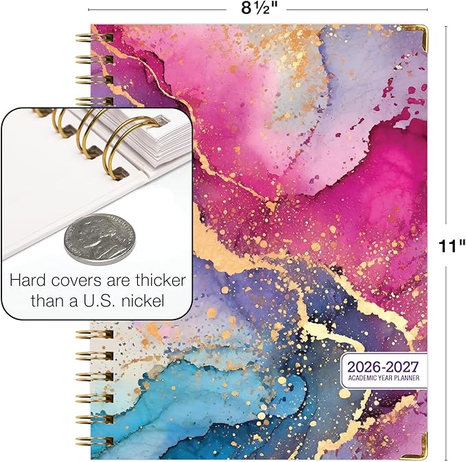 HARDCOVER Academic Year 2026-2027 Planner: 14 Months (May 2026 Through June 2027) 8.5"x 11" Daily Weekly Monthly Planner Yearly Agenda. Bookmark, Pocket Folder and Sticky Note Set (Rainbow Gold Marble)