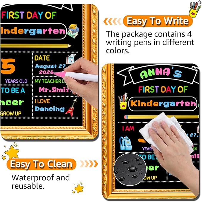 First Day of School Sign,11.69”x8.27” Back to School Supplies Board for Kindergarten, Preschool Supplies Decorations Reusable Photo Prop for Kids with Liquid Chalk Markers(A Frame)
