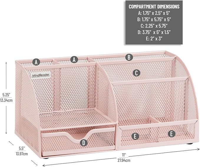 Mind Reader 7-Compartment Desktop Organizer, File & Accessory Storage, Metal Mesh Office Organizer for Desk, Workspace, Mail, Pink