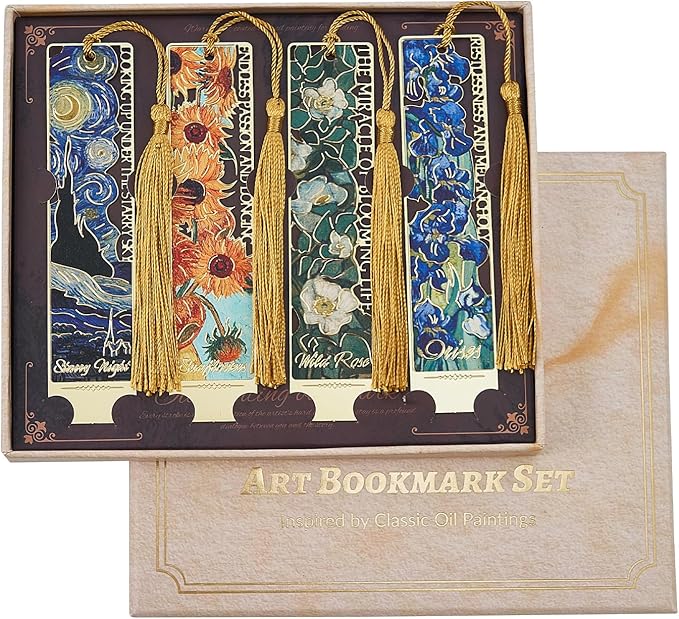 4 PCS Metal Bookmarks with Tassels,Vintage Van Gogh Bookmark,Gift Box Package, Book Lover Gifts for Women Adults Teens Teacher