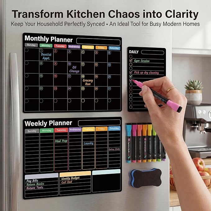 Magnetic Black Calendar for Refrigerator (3-Pack, Ships Flat) - 17"x12" Monthly, Weekly & Daily Planner with Lined Grids - Nano-Tech Dry Erase Fridge Board, 8 Neon Liquid Chalk Markers