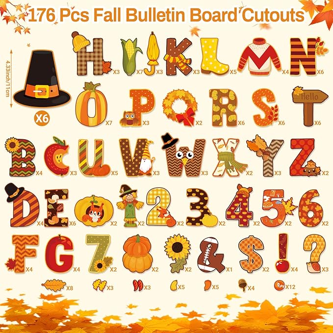 Faccito 176 Pcs Fall Bulletin Board Decorations Letters Numbers Alphabet Autumn Paper Cutouts Punctuation Symbols Combo Set Thanksgiving Classroom Decorations for School Chalkboard Party Teacher