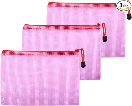 3 Pcs 4.72" x 6.3" A6 Sizes Mesh Zipper Pouch Bags, Mesh Bags with Zipper，Waterproof Clear document pouch for Organization Puzzles Travel, Office, Classroom Organization, A6 Red