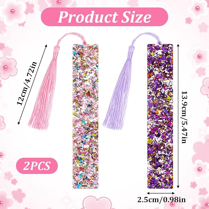 2 Pcs Glitter Bookmarks with Tassels Resin Bookmarks for Girls Kids Book Marks for Reading Purple Pink Tassel Bookmark for Girls Women Book Lover Reading Presents