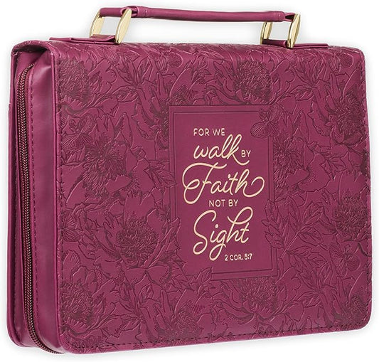 Christian Art Gifts Protective Maroon Floral Faux Leather Bible Cover Carry Case with Handle for Women: Walk by Faith - 2 Corinthians 5:7 Inspirational Bible Verse Zippered with Pocket, Medium